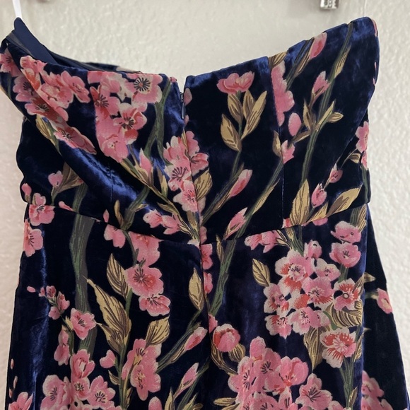 NWOT Bloom In Mind Navy Blue Floral Print Velvet Strapless Maxi Dress - Picture 6 of 9
